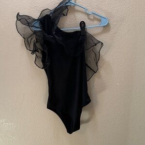 Girls' Black One-Piece Bodysuit with Sheer Ruffle Shoulder